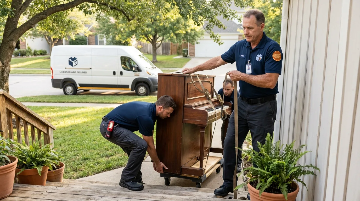 Licensed piano movers securing grand piano in Berkeley Springs, WV