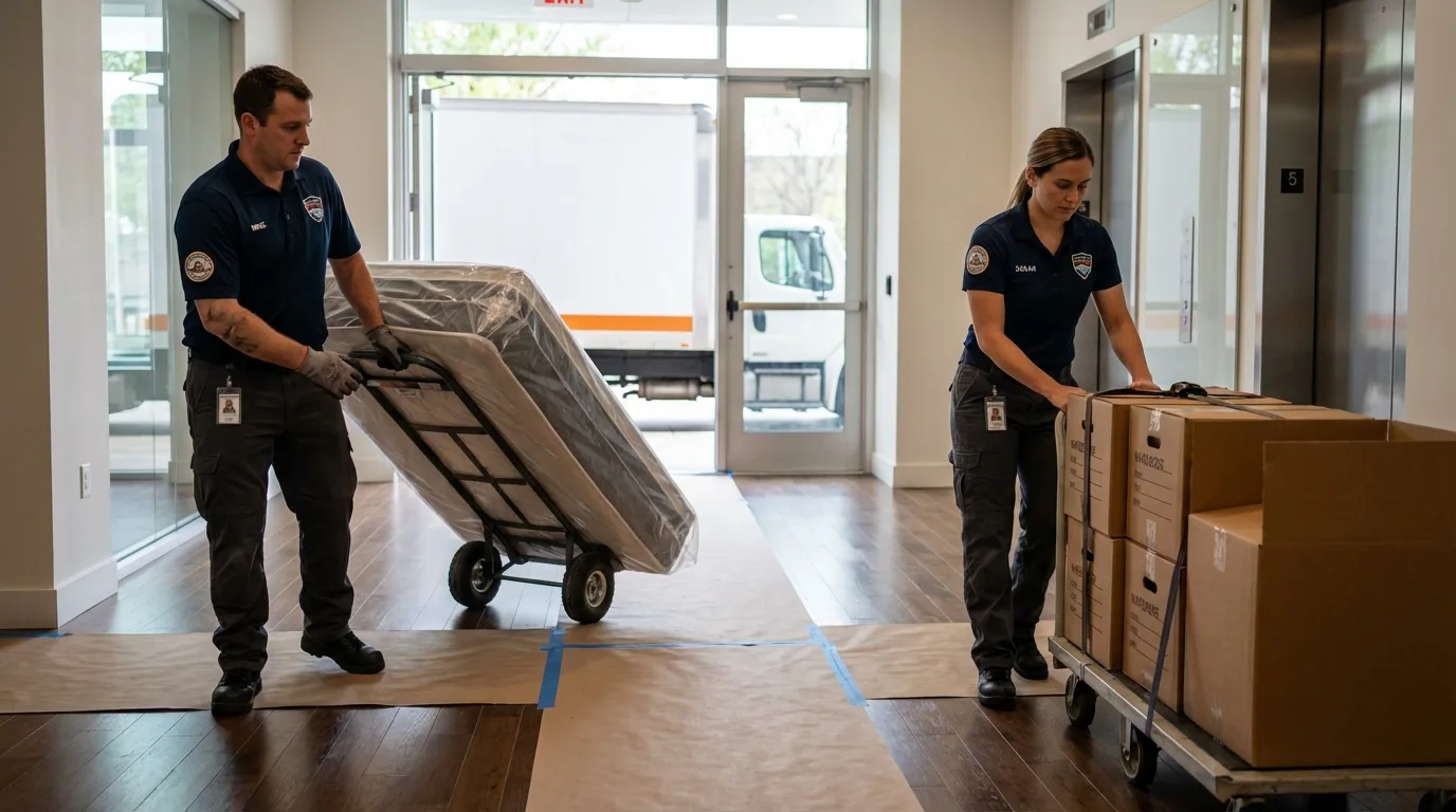 Professional apartment movers loading elevator in Berkeley Springs, WV