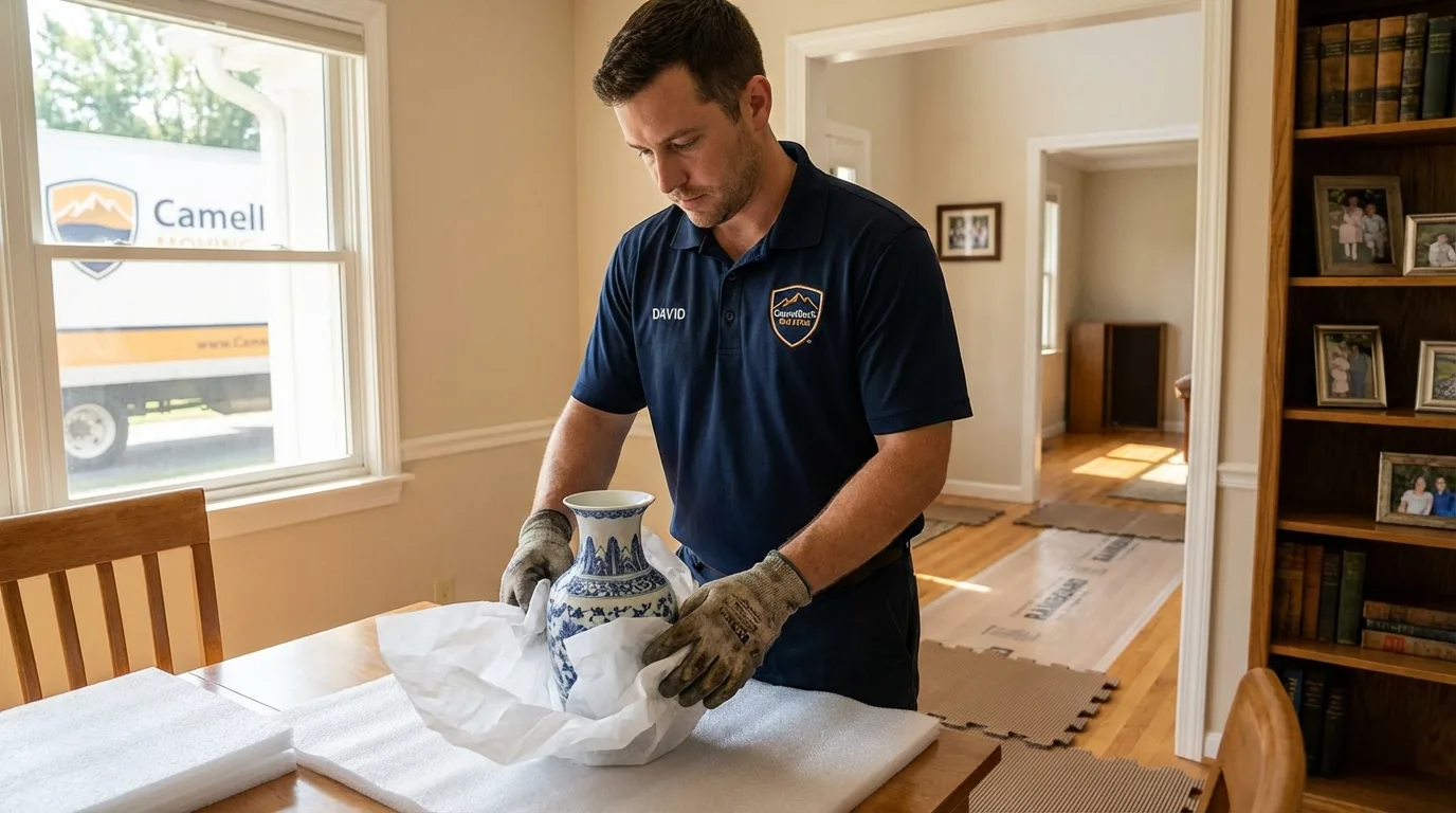 Professional crew carefully wrapping antique vase for senior downsizing move in Berkeley Springs, WV